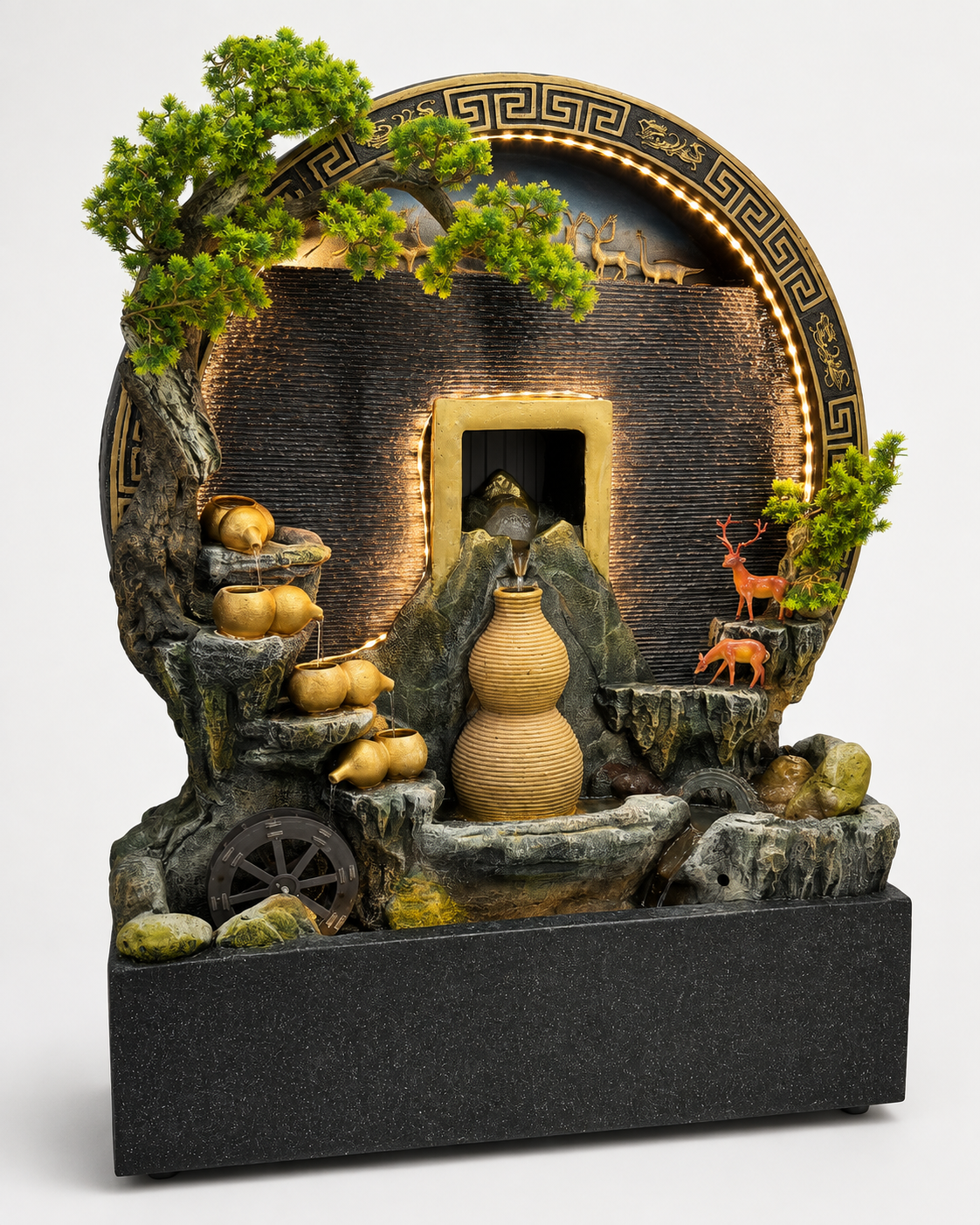 Large indoor feng shui waterfall fountain with an LED-lit moon gate arch, bonsai pine, golden vessels and a black speckled stone basin